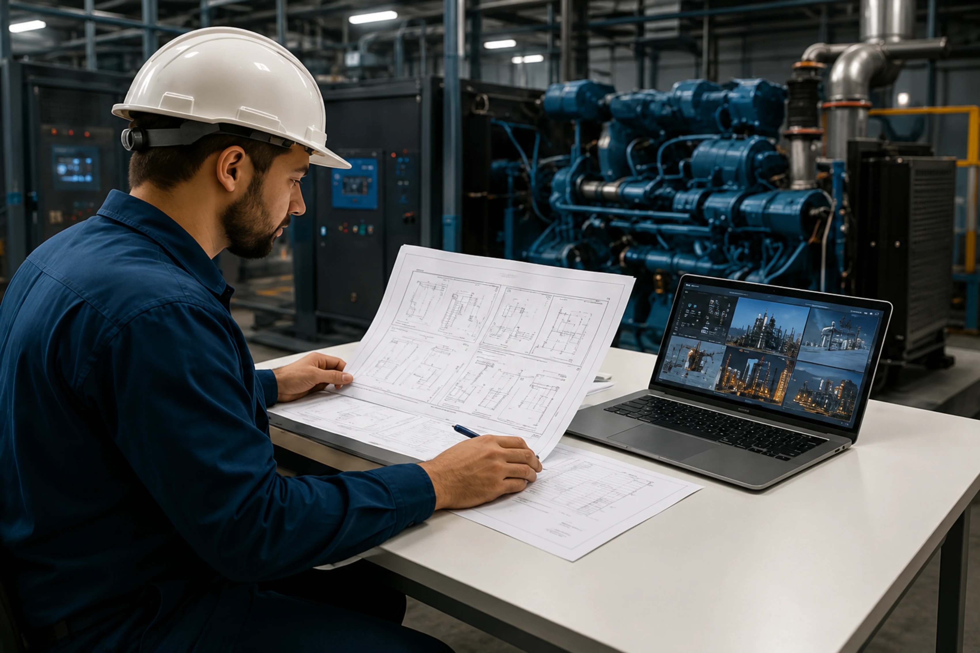 Engenheiro analisando projeto de grupo gerador
